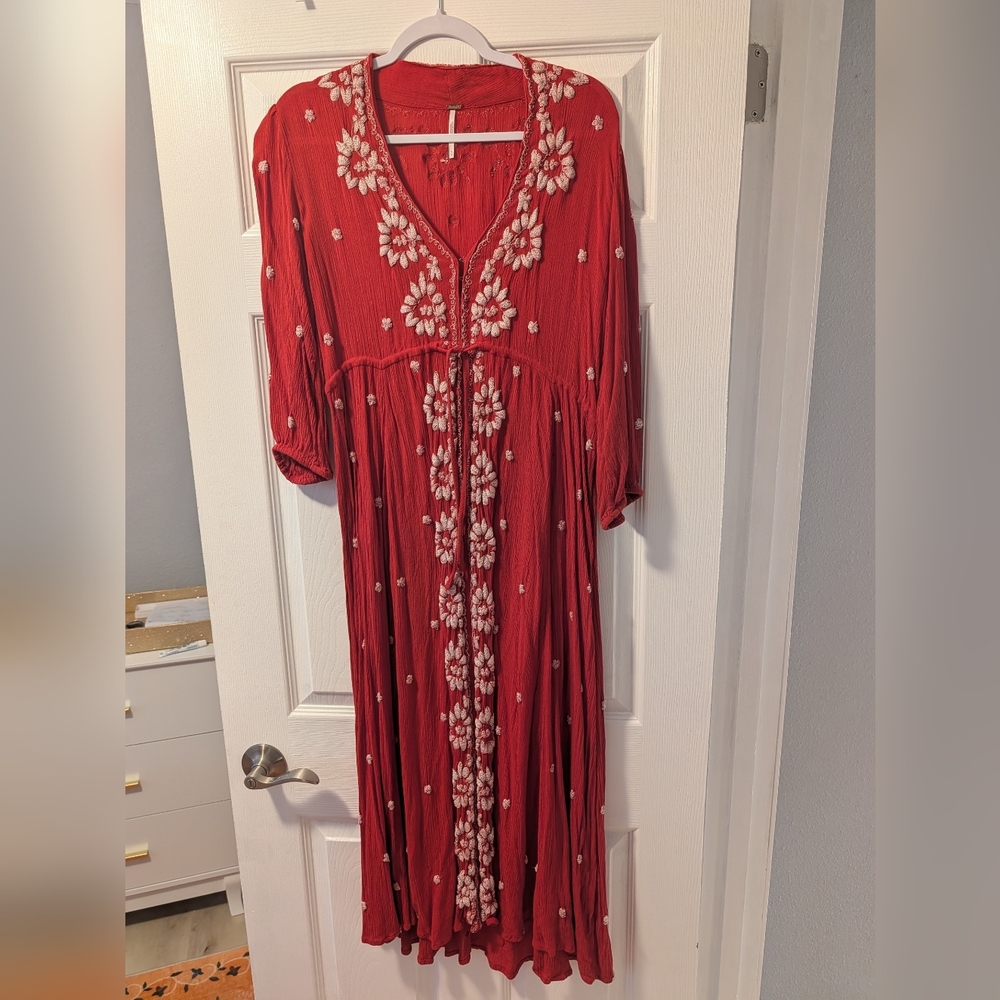 Free People Red Embroidered Boho Hippie Light Summer Maxi Dress Size M
